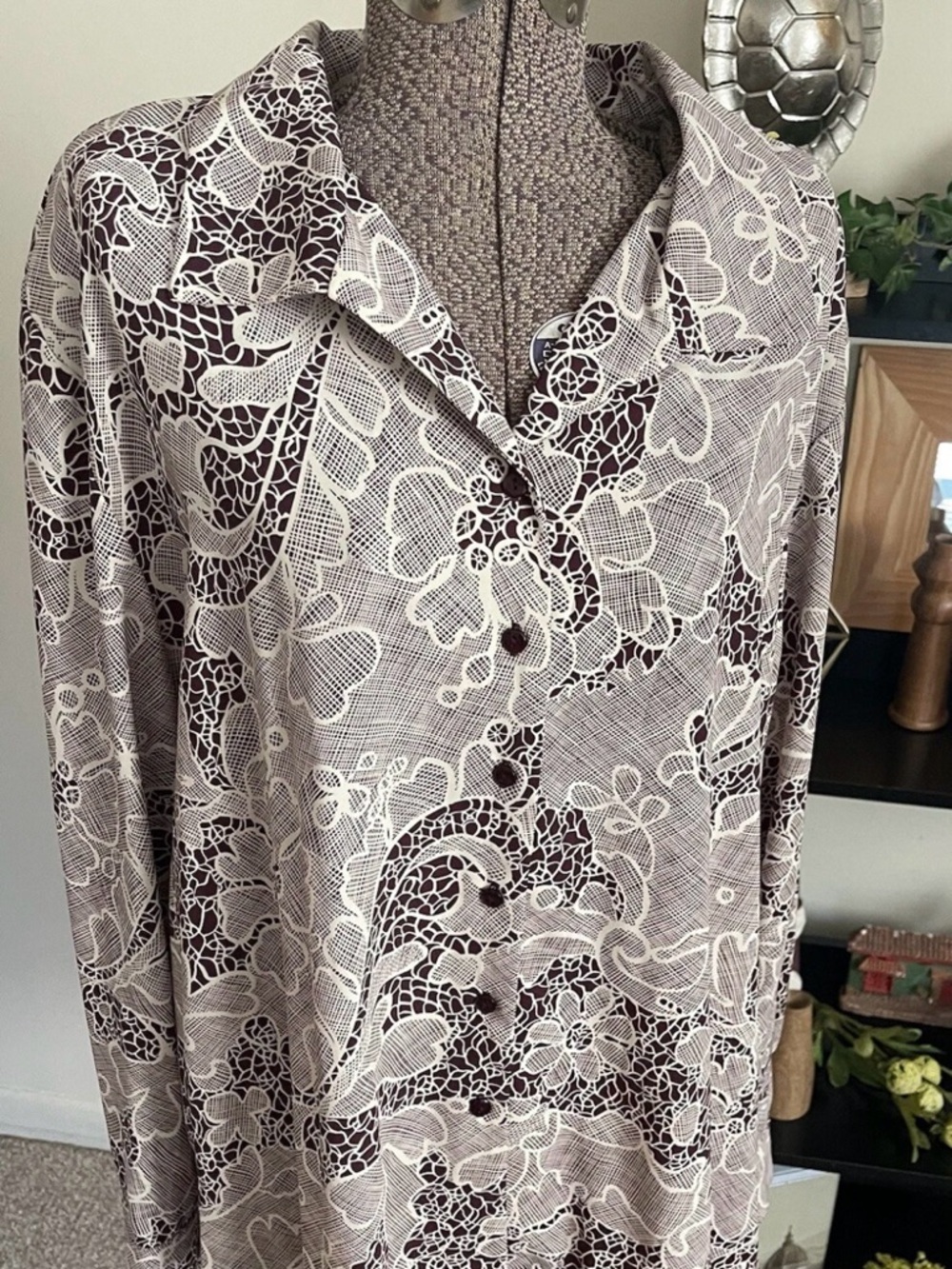 Laura Scott Taupe and Dark Brown Lace-Print Button Front Blouse
